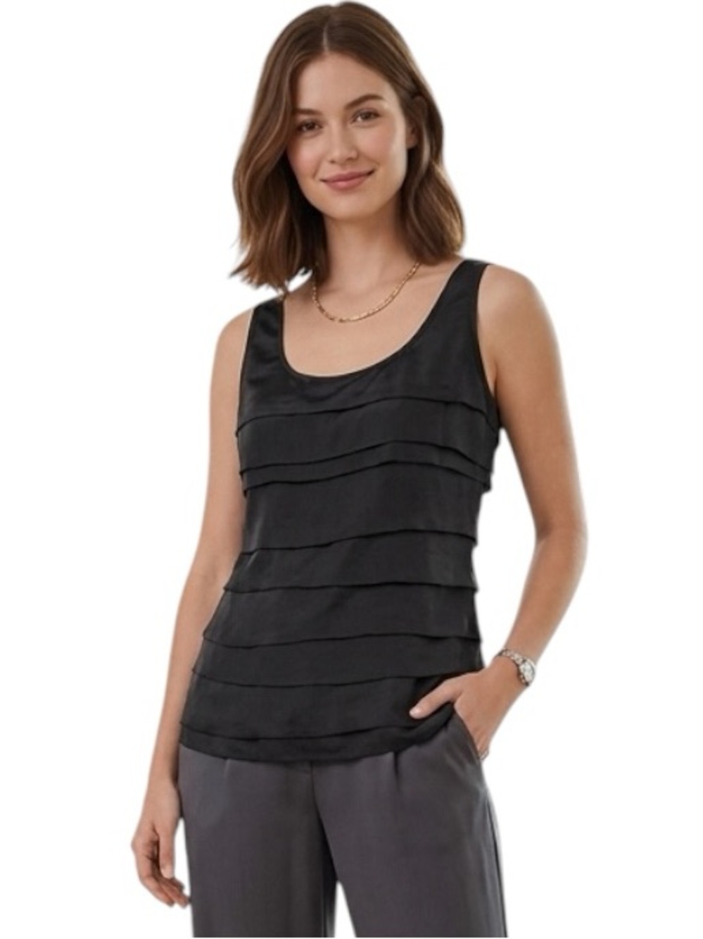Eileen Fisher 100% Silk Tiered Ruffle Tank Top Shell Dark Gray PP